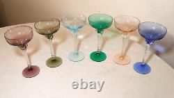 LOT of 6 HAND BLOWN TWISTED STEM MULTI COLOR GLASS CRYSTAL CORDIALS WINE GLASSES