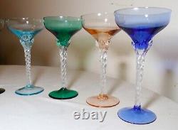 LOT of 6 HAND BLOWN TWISTED STEM MULTI COLOR GLASS CRYSTAL CORDIALS WINE GLASSES