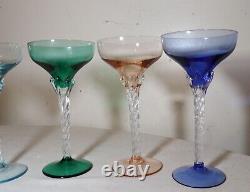 LOT of 6 HAND BLOWN TWISTED STEM MULTI COLOR GLASS CRYSTAL CORDIALS WINE GLASSES