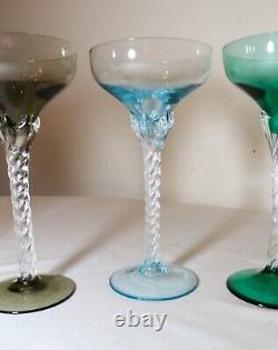 LOT of 6 HAND BLOWN TWISTED STEM MULTI COLOR GLASS CRYSTAL CORDIALS WINE GLASSES