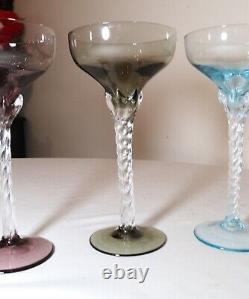 LOT of 6 HAND BLOWN TWISTED STEM MULTI COLOR GLASS CRYSTAL CORDIALS WINE GLASSES