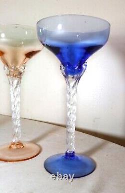 LOT of 6 HAND BLOWN TWISTED STEM MULTI COLOR GLASS CRYSTAL CORDIALS WINE GLASSES