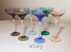 LOT of 6 HAND BLOWN TWISTED STEM MULTI COLOR GLASS CRYSTAL CORDIALS WINE GLASSES