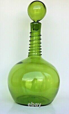 Large Vintage Glass Wine decanter 16 Tall Green Genie Bottle Bubble Stopper Top