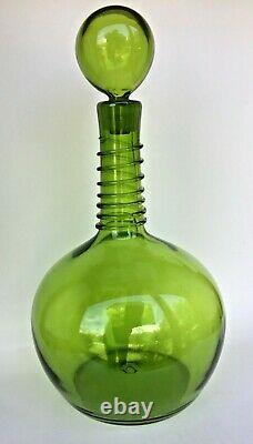 Large Vintage Glass Wine decanter 16 Tall Green Genie Bottle Bubble Stopper Top