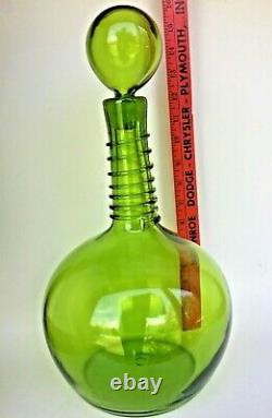 Large Vintage Glass Wine decanter 16 Tall Green Genie Bottle Bubble Stopper Top