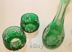 Lausitzer Green Cut To Clear Wine Decanter & Goblets/stems Germany