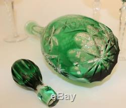 Lausitzer Green Cut To Clear Wine Decanter & Goblets/stems Germany