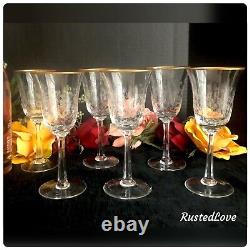 Lenox Fontaine Wine Glasses Etched Flowers Gold Rim Vintage 6 3/4 Set of 6