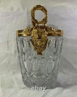 Lg Vtg Glass & Gold Metal Hollywood Regency Champagne Wine Bucket Cooler w Faces