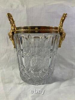 Lg Vtg Glass & Gold Metal Hollywood Regency Champagne Wine Bucket Cooler w Faces