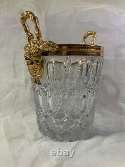 Lg Vtg Glass & Gold Metal Hollywood Regency Champagne Wine Bucket Cooler w Faces