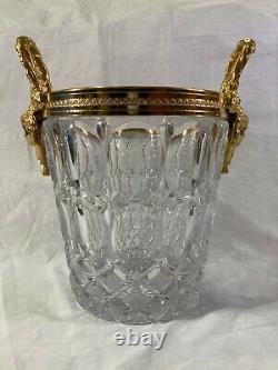 Lg Vtg Glass & Gold Metal Hollywood Regency Champagne Wine Bucket Cooler w Faces