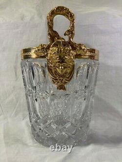 Lg Vtg Glass & Gold Metal Hollywood Regency Champagne Wine Bucket Cooler w Faces