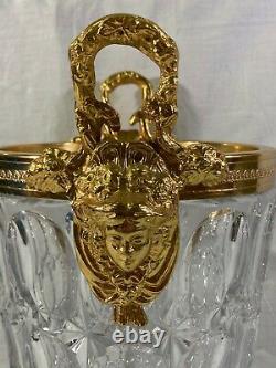 Lg Vtg Glass & Gold Metal Hollywood Regency Champagne Wine Bucket Cooler w Faces