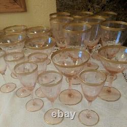 Lof 14 Vintage Pink Crystal Etched Gold Trim 8 Wine/6 Cordial Glasses Mint