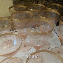 Lof 14 Vintage Pink Crystal Etched Gold Trim 8 Wine/6 Cordial Glasses Mint