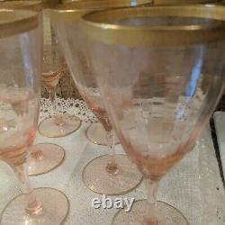 Lof 14 Vintage Pink Crystal Etched Gold Trim 8 Wine/6 Cordial Glasses Mint