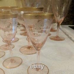 Lof 14 Vintage Pink Crystal Etched Gold Trim 8 Wine/6 Cordial Glasses Mint