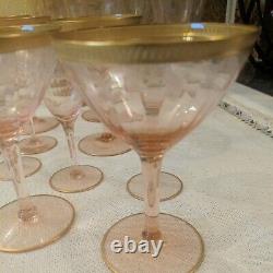 Lof 14 Vintage Pink Crystal Etched Gold Trim 8 Wine/6 Cordial Glasses Mint