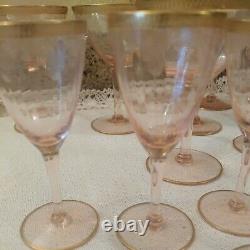 Lof 14 Vintage Pink Crystal Etched Gold Trim 8 Wine/6 Cordial Glasses Mint