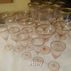 Lof 14 Vintage Pink Crystal Etched Gold Trim 8 Wine/6 Cordial Glasses Mint