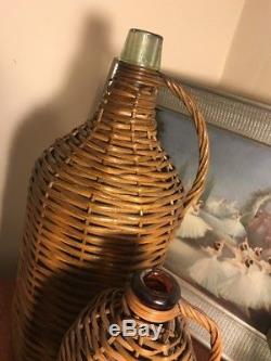 Lot 2 VTG Antique Glass Demijohn Wine Bottles Wicker Basket Weave Blue Amber