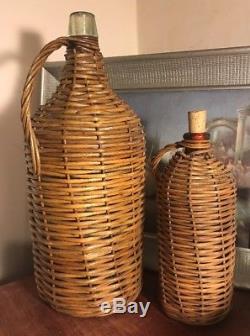 Lot 2 VTG Antique Glass Demijohn Wine Bottles Wicker Basket Weave Blue Amber