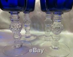 Lot Of 4 Vintage Heisey Spanish Cobalt Blue Optic 7.4 Wine Glasses, Ball Stem