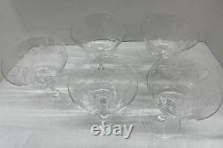 Lot Of 5 Elegant Crystal Champagne Wine Glass Etched Flower and Leaves Goblets