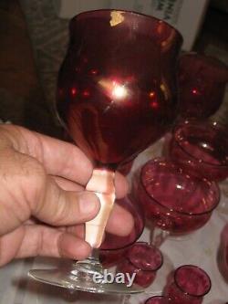 Lot of (23) Vintage Wine Glasses Red with Clear Stem Depression glass! Rare