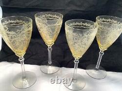 Lot of 4 Vintage Fostoria Glass June Etched Topaz Yellow Cordial Goblet Wine Gla