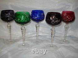 Lot of 5 Bohemian Cut-to-Clear Crystal Wine Glass Goblet Red cobalt green 7.5