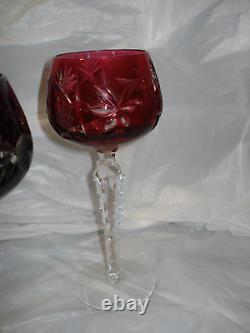 Lot of 5 Bohemian Cut-to-Clear Crystal Wine Glass Goblet Red cobalt green 7.5