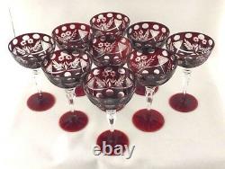 Lot of Nine Vintage Decorative Ruby Hand Cut Crystal Wine Champagne Classes