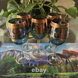 MCM Murano Italian Blue Wine Glasses with Gold Accents Vintage