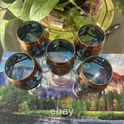 MCM Murano Italian Blue Wine Glasses with Gold Accents Vintage