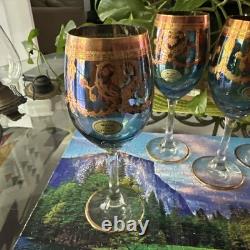 MCM Murano Italian Blue Wine Glasses with Gold Accents Vintage
