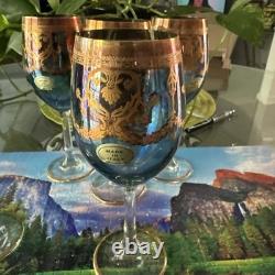 MCM Murano Italian Blue Wine Glasses with Gold Accents Vintage