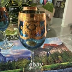 MCM Murano Italian Blue Wine Glasses with Gold Accents Vintage