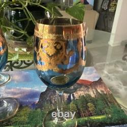 MCM Murano Italian Blue Wine Glasses with Gold Accents Vintage