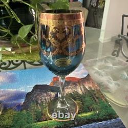 MCM Murano Italian Blue Wine Glasses with Gold Accents Vintage
