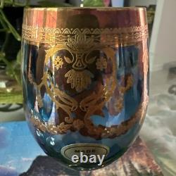 MCM Murano Italian Blue Wine Glasses with Gold Accents Vintage