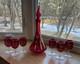 MCM Red Cranberry Decanter WithStopper And 6 Goblet Set Etched Floral Wine Vintage