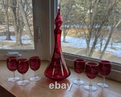 MCM Red Cranberry Decanter WithStopper And 6 Goblet Set Etched Floral Wine Vintage
