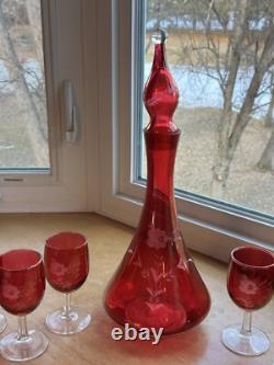 MCM Red Cranberry Decanter WithStopper And 6 Goblet Set Etched Floral Wine Vintage