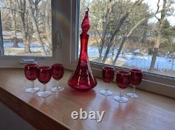 MCM Red Cranberry Decanter WithStopper And 6 Goblet Set Etched Floral Wine Vintage