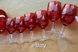 MCM Red Cranberry Decanter WithStopper And 6 Goblet Set Etched Floral Wine Vintage