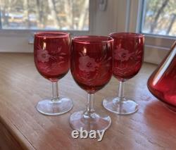 MCM Red Cranberry Decanter WithStopper And 6 Goblet Set Etched Floral Wine Vintage