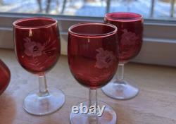 MCM Red Cranberry Decanter WithStopper And 6 Goblet Set Etched Floral Wine Vintage